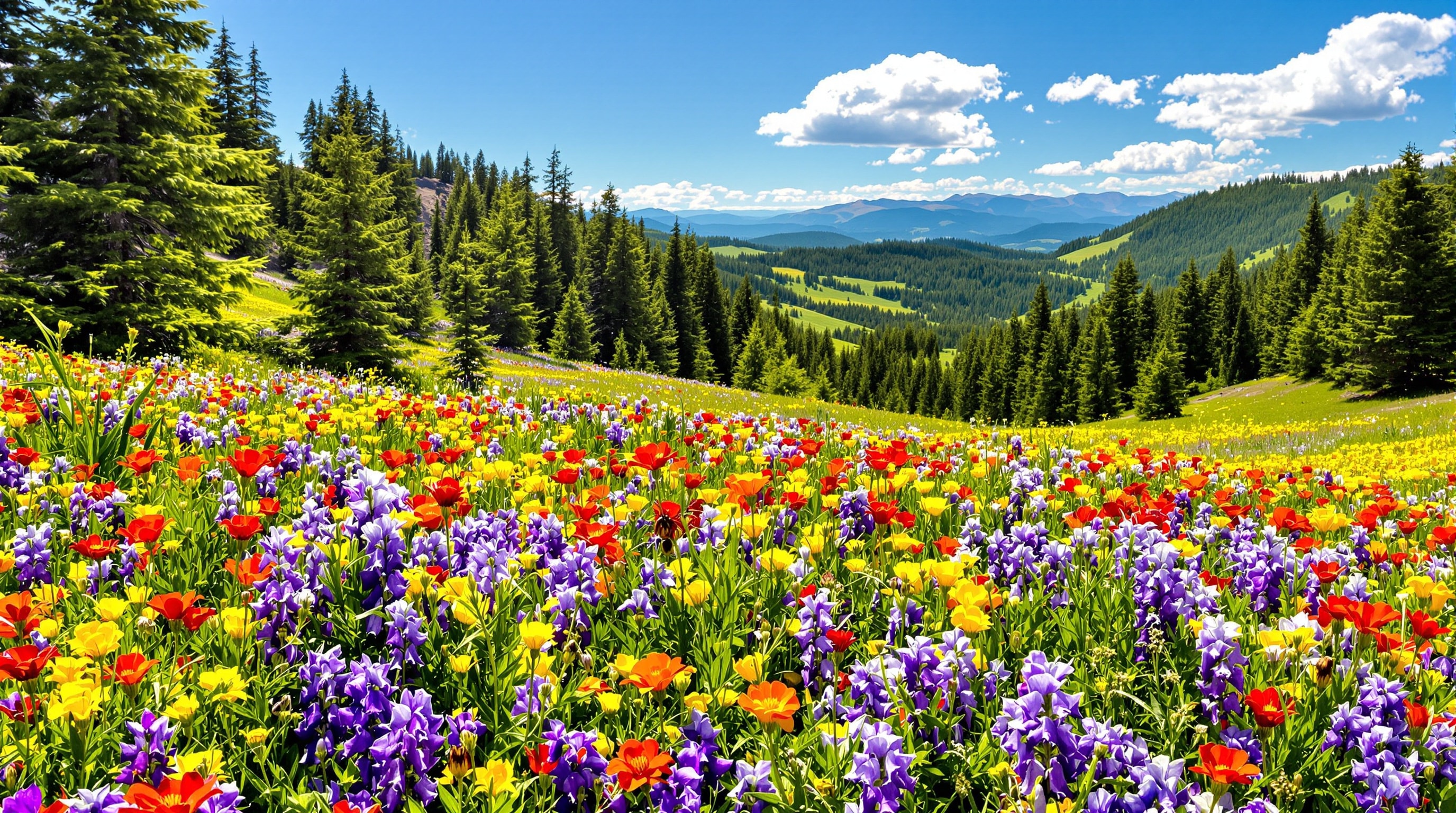A sunlit summer wildflower meadow ringed by pine forest in the Colorado mountains