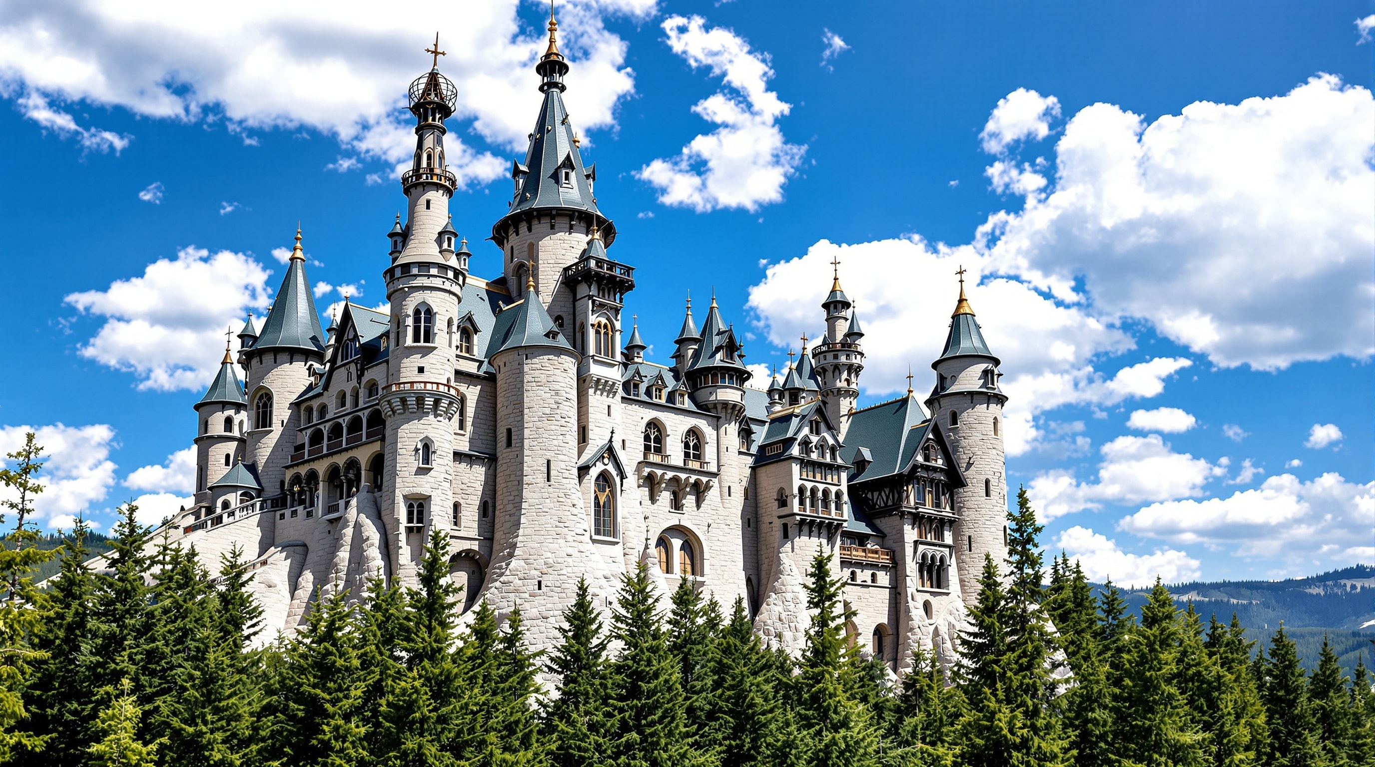 A tall hand-built stone castle with iron spires rising above a Colorado pine forest