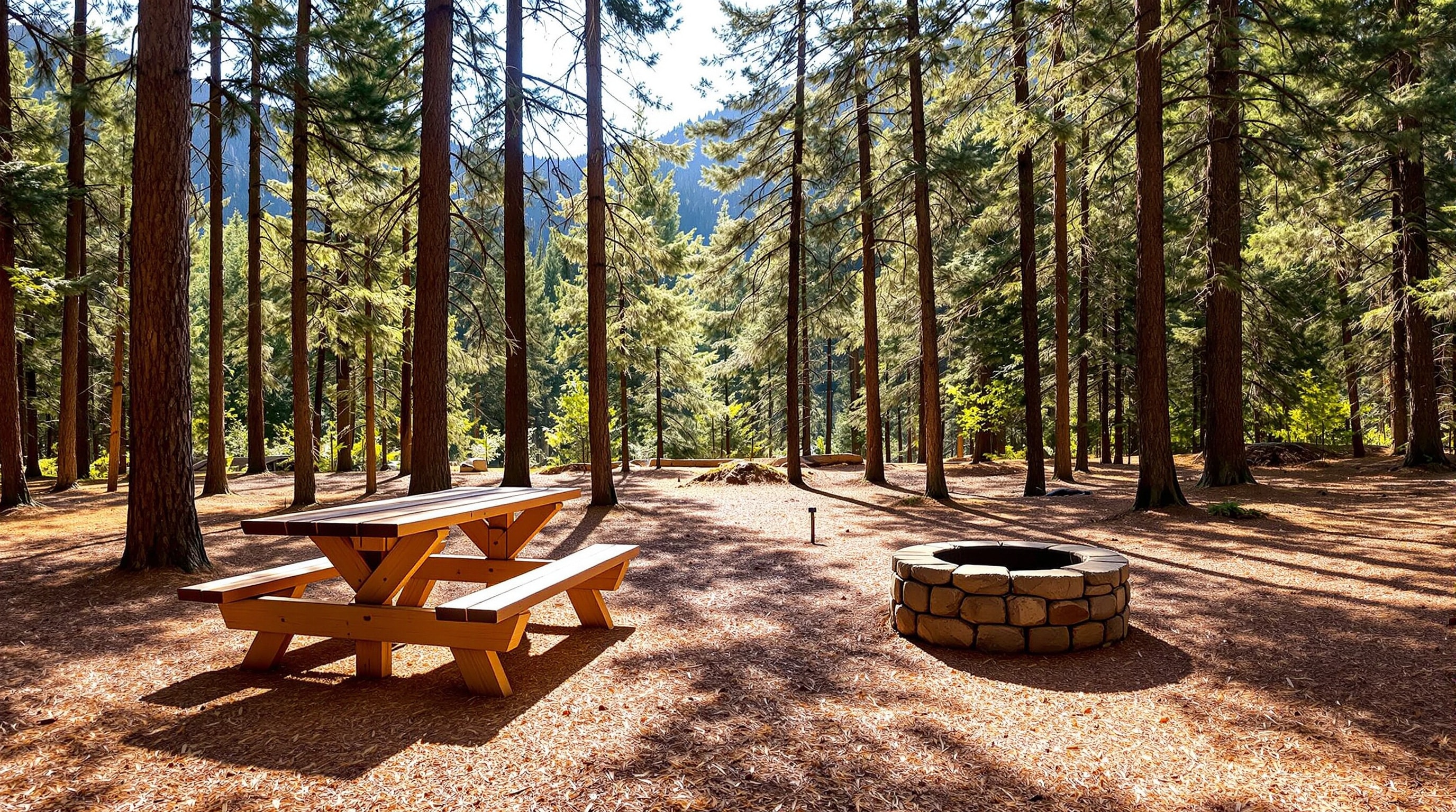 A quiet forest campground clearing among tall pines near a Colorado lake