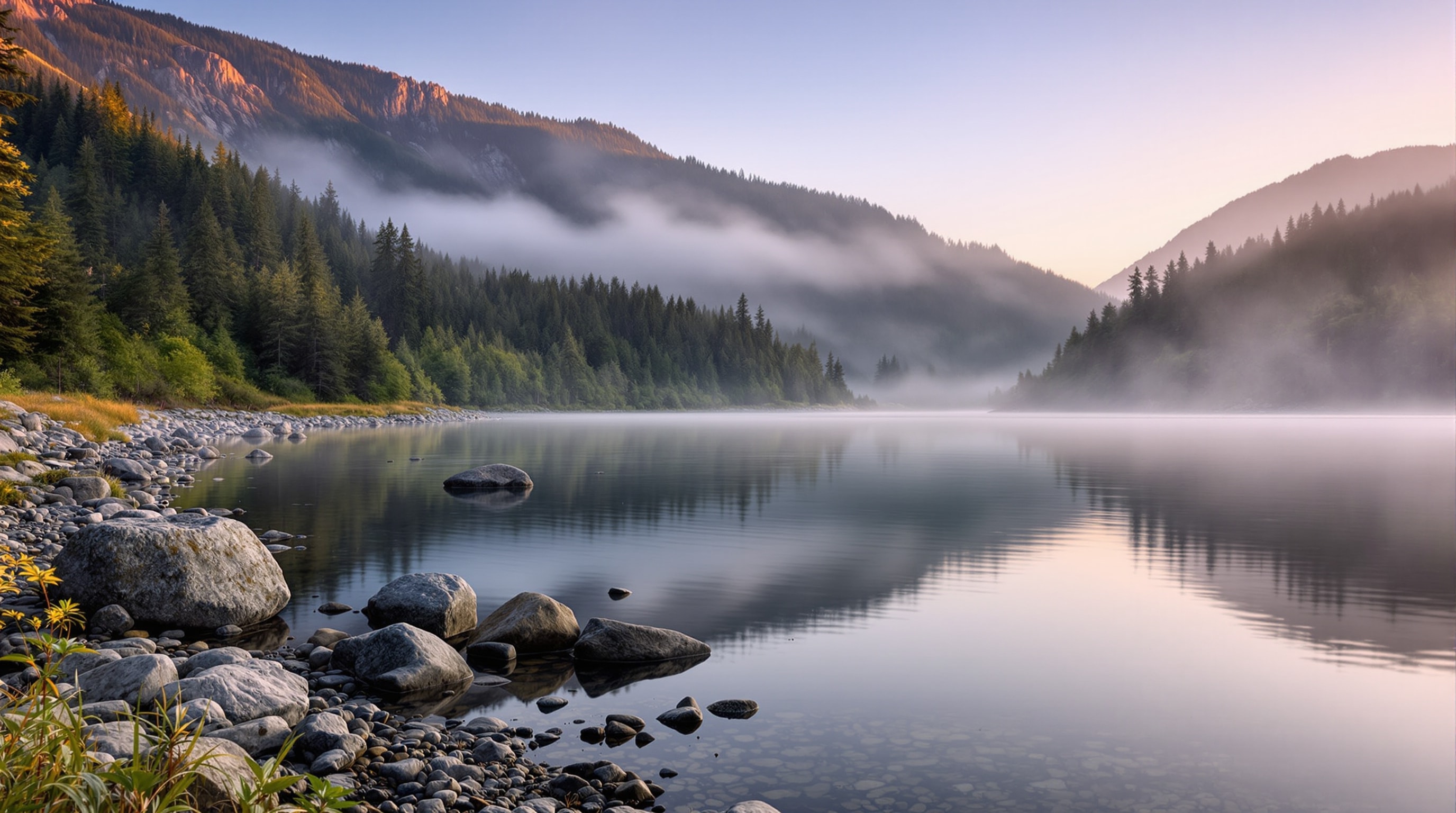 An angler's view across the still water of a forested Colorado mountain lake