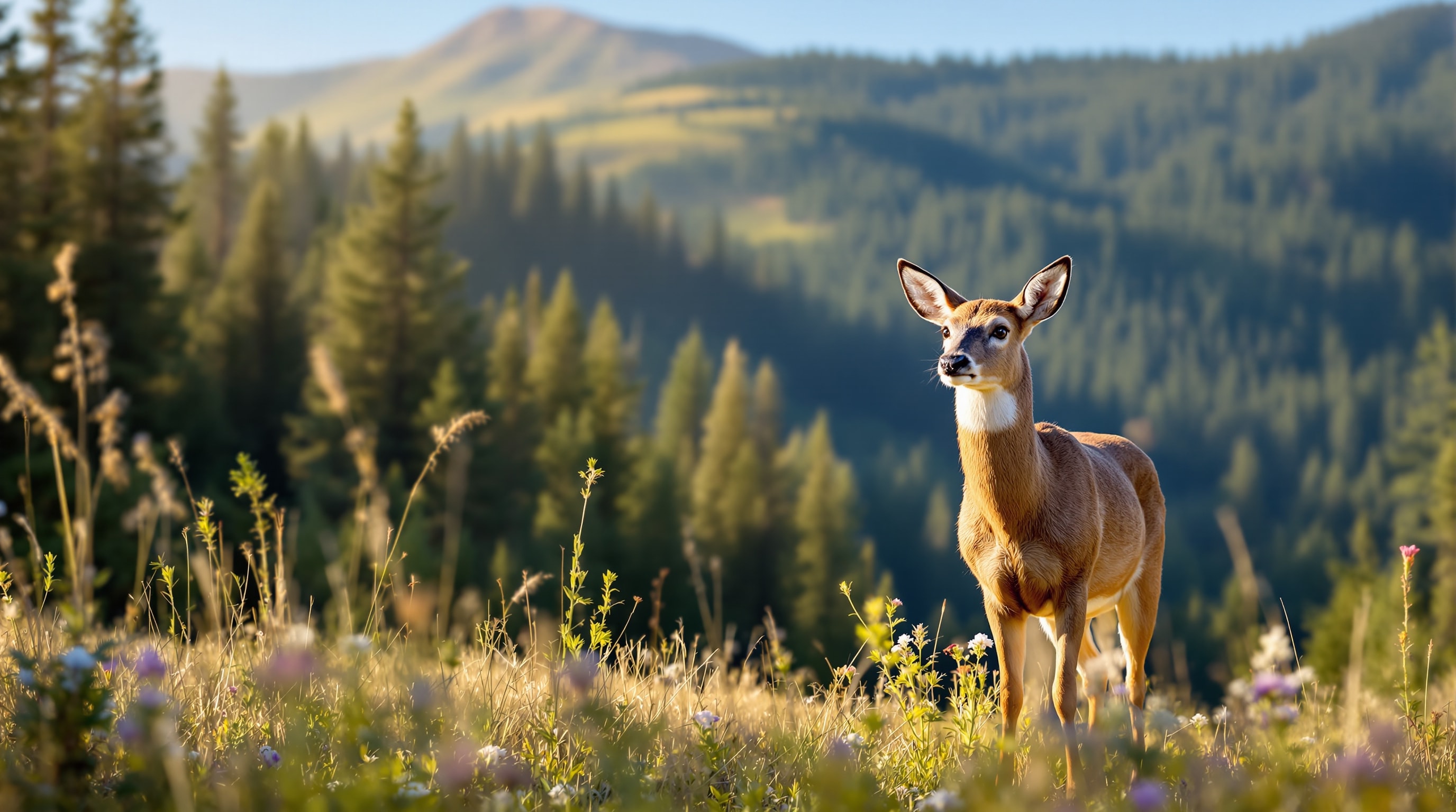 A mule deer standing in a sunlit meadow at the edge of a Colorado pine forest