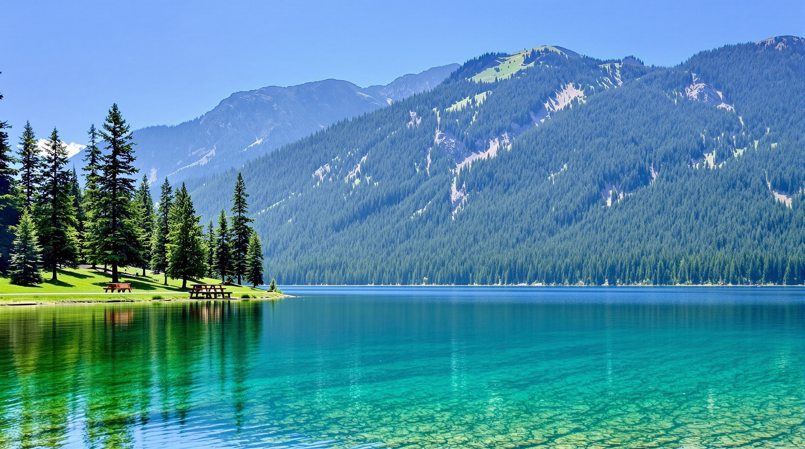 Calm water and a lakeside picnic area at Lake San Isabel surrounded by evergreens