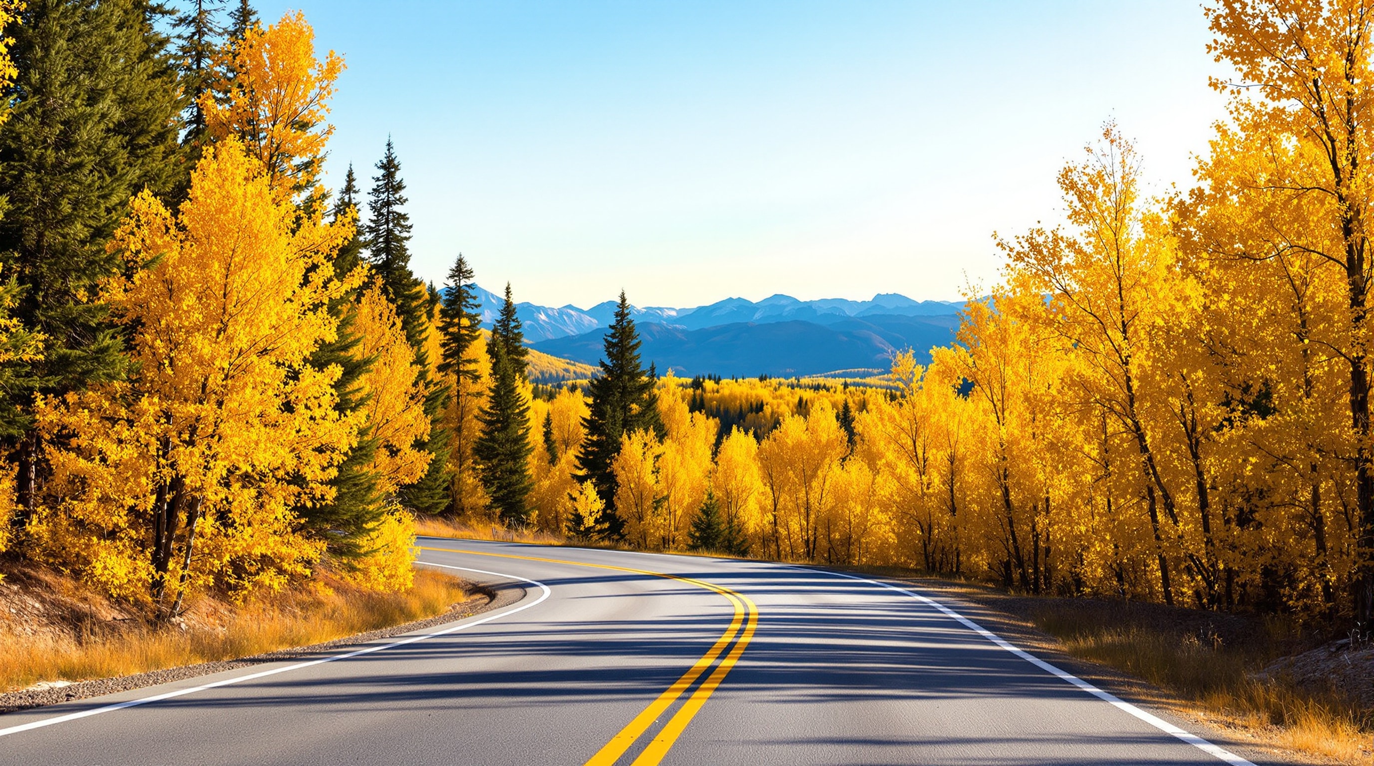 A mountain highway curving through autumn forest along a Colorado scenic byway