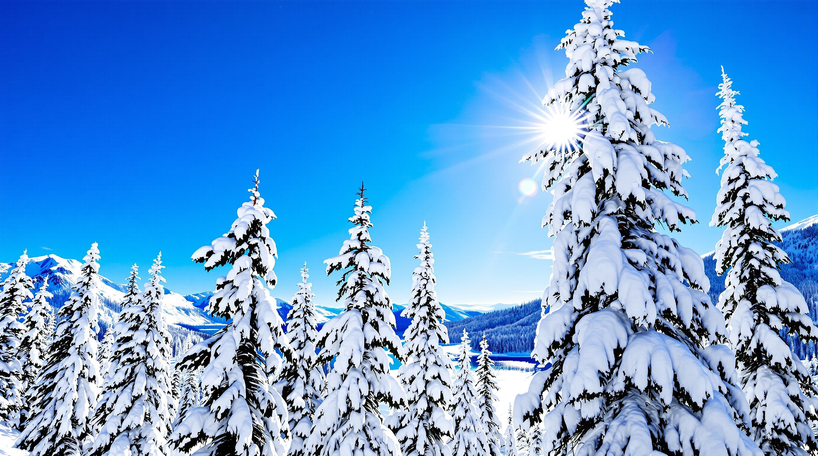 Snow-laden pine forest under a bright blue winter sky in the Colorado mountains